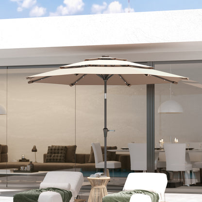 3-Tier Garden Parasol w/ Solar LED Lights, Tilt, Crank Handle Khaki