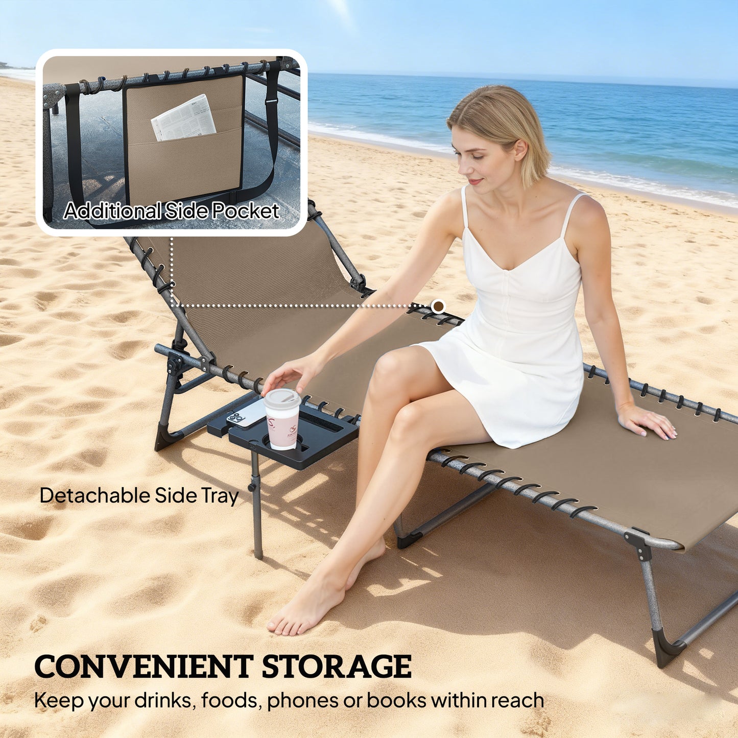 Folding Sun Loungers with 5-Level Back, Cup Holder, Beige