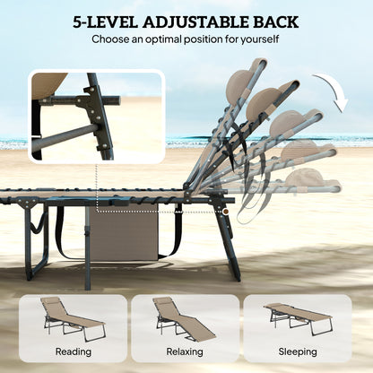 Folding Sun Loungers with 5-Level Back, Cup Holder, Beige