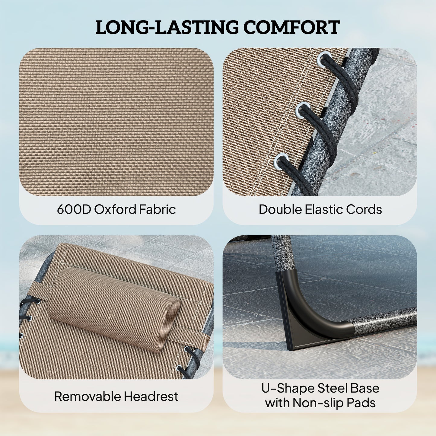 Folding Sun Loungers with 5-Level Back, Cup Holder, Beige