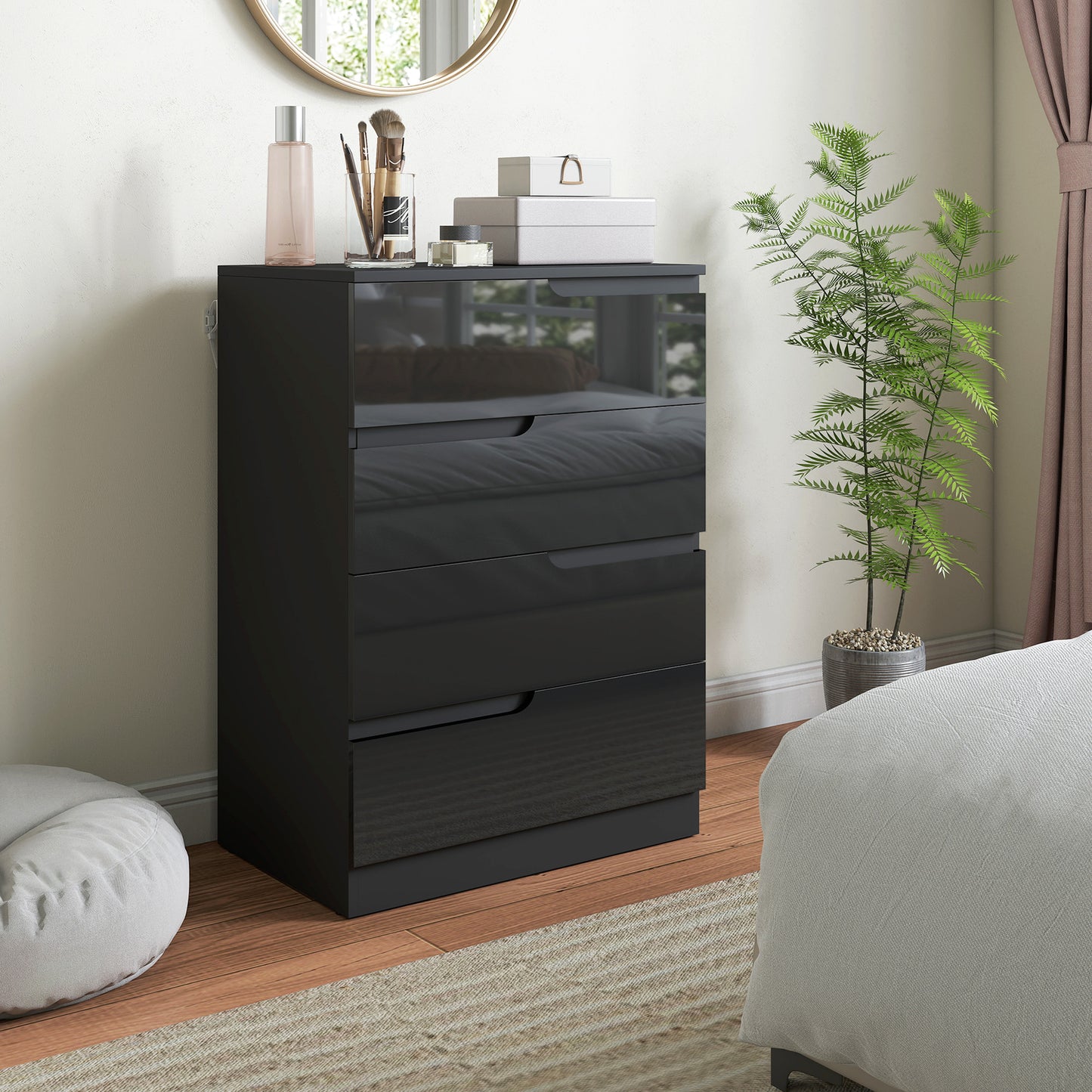 Modern Dresser with 4 Drawers, Chest of Drawers for Bedroom, Living Room, 60 x 40 x 85cm, High Gloss Black
