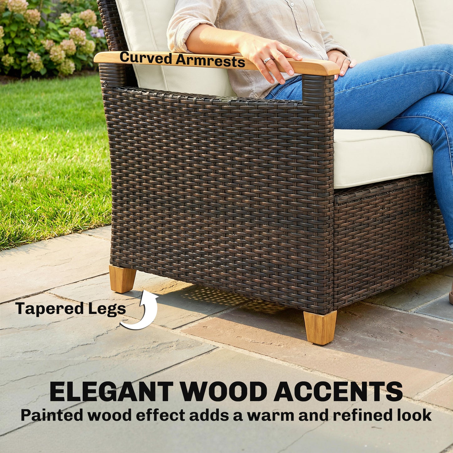 3 Seater Rattan Garden Sofa with Cushioned Wide Seats, Brown