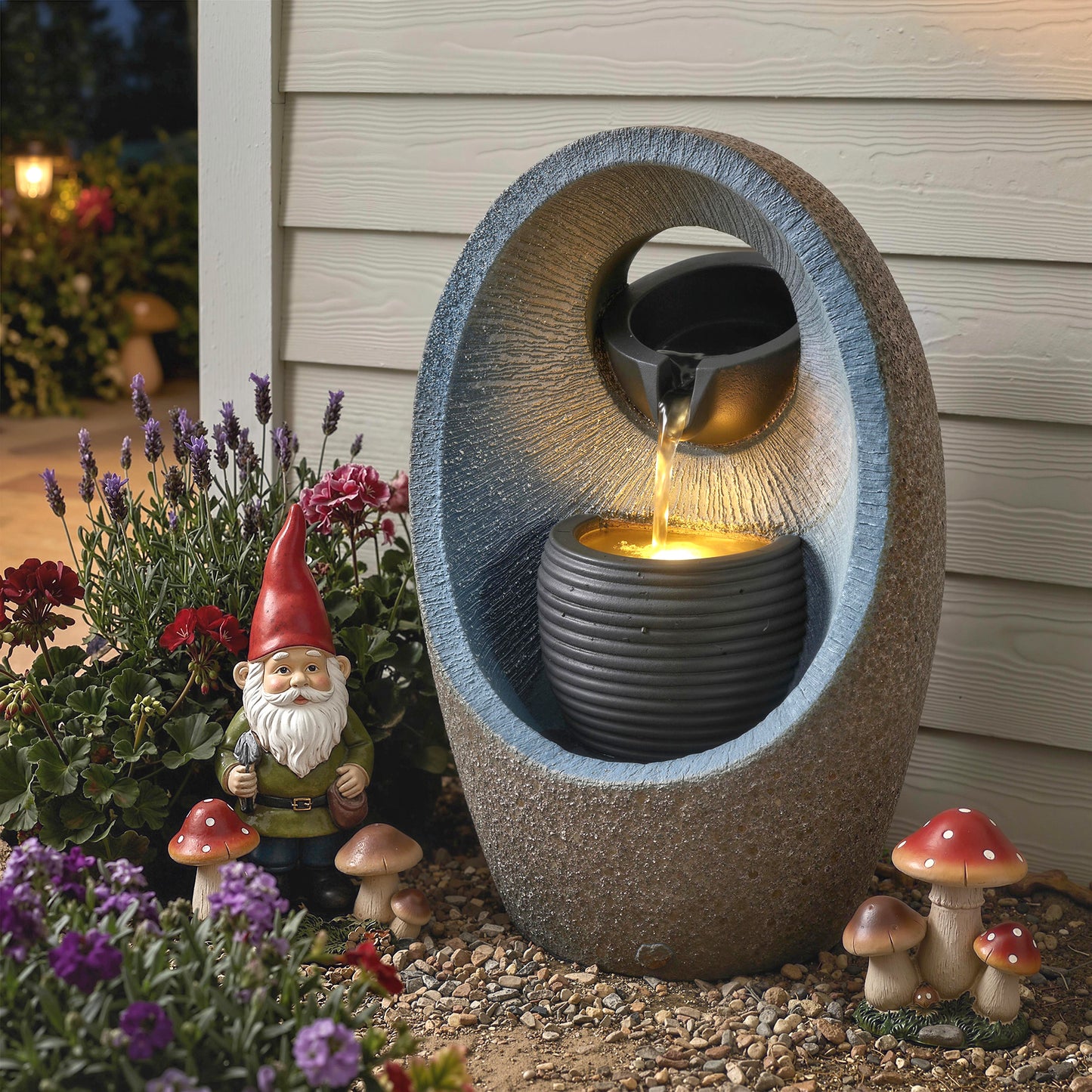 Water Feature with 2-Tier Bowls, Pump and LED Lights
