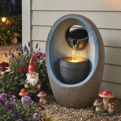 Water Feature with 2-Tier Bowls, Pump and LED Lights