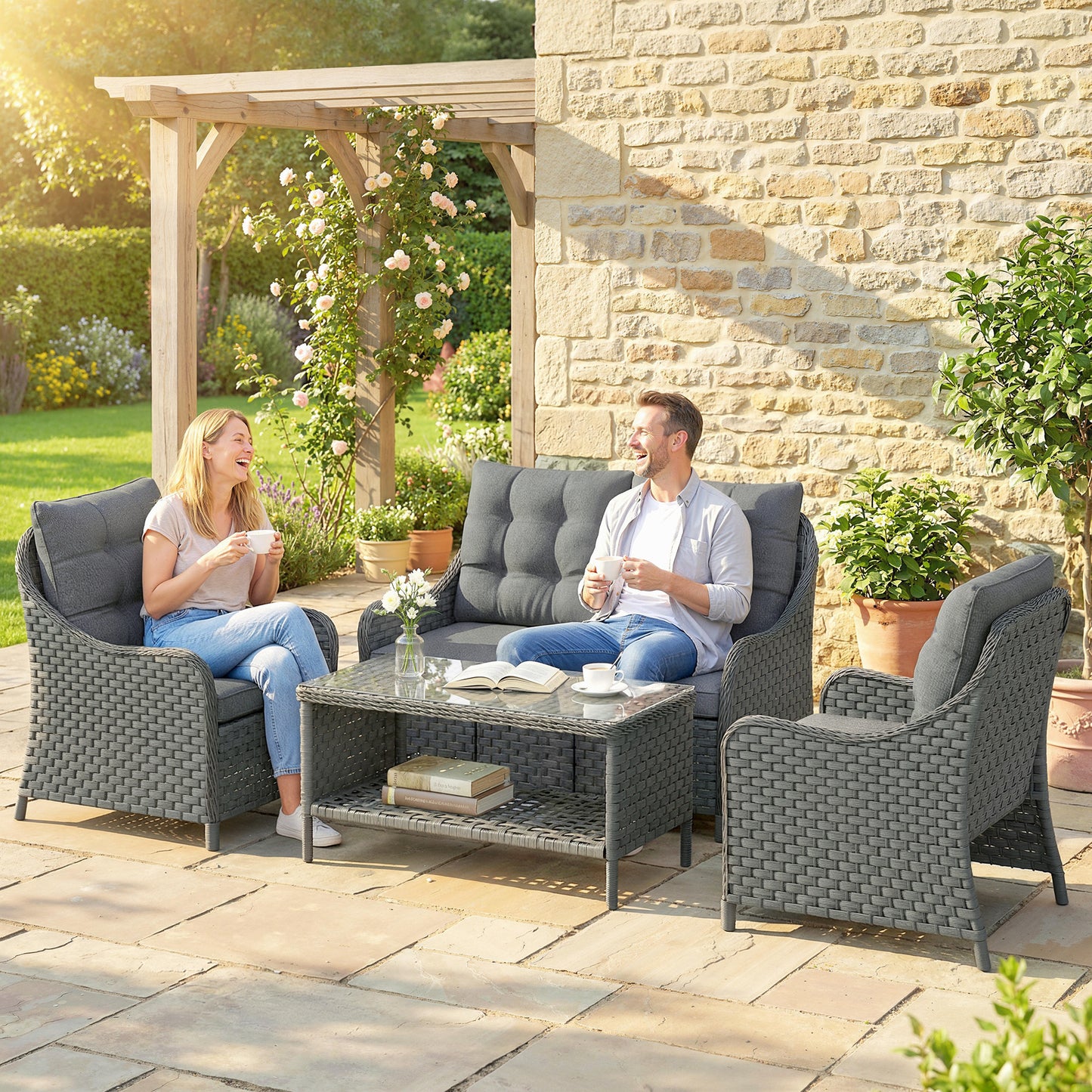 4 Piece Rattan Patio Furniture Set with Removable Cushion Covers