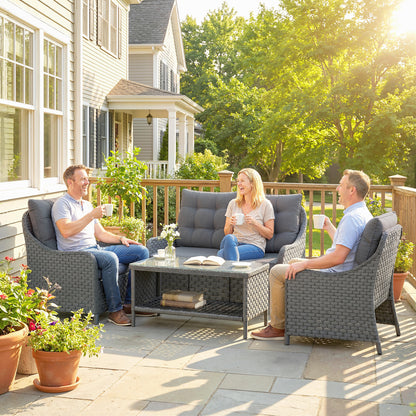 4 Piece Rattan Patio Furniture Set with Removable Cushion Covers