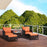 5 Pcs PE Rattan Garden Furniture Set, 2 Armchairs 2 Stools Glass Top Table Cushions Wicker Weave Chairs Outdoor Seating, Brown