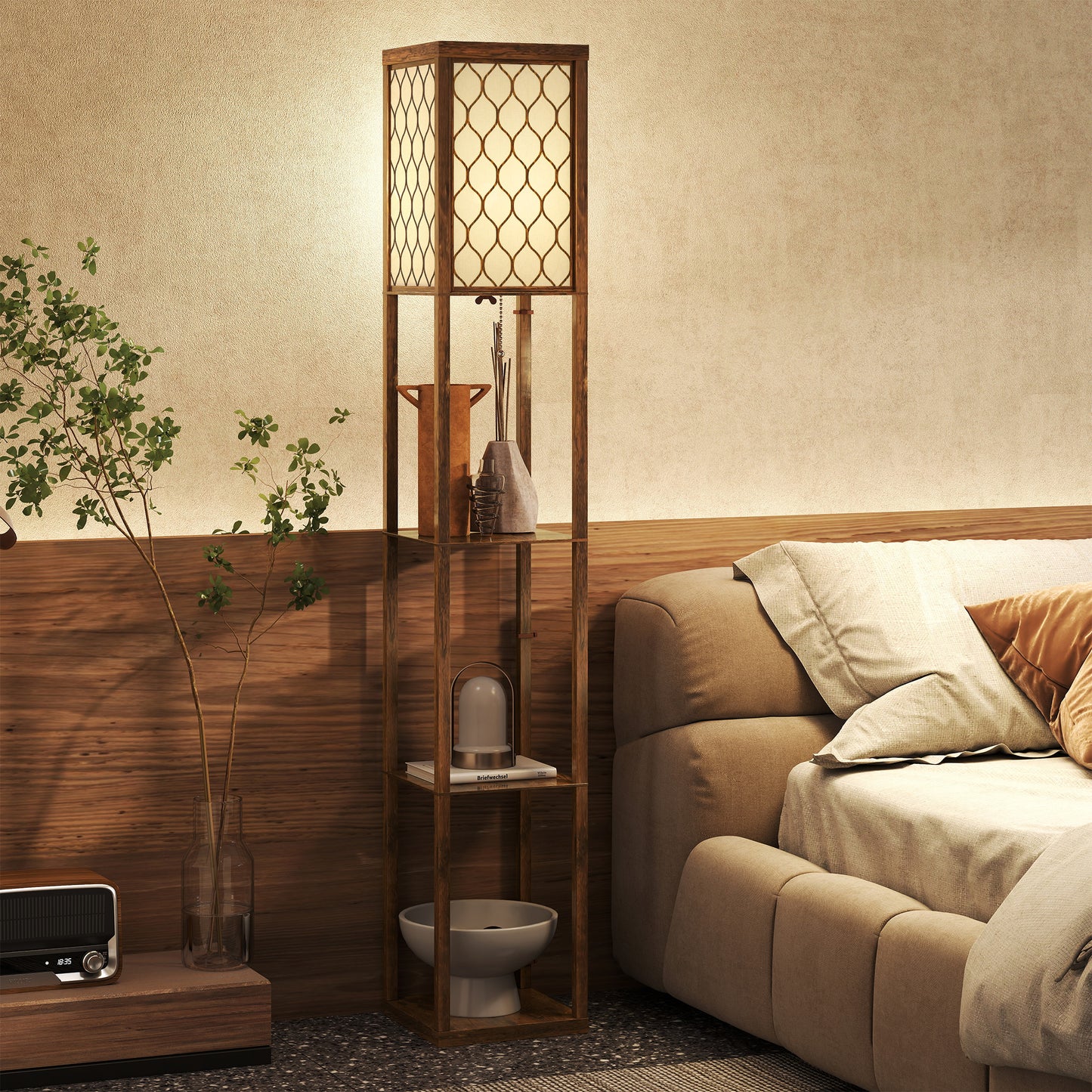 Modern Floor Lamp Light with 3 Shelves Fabric Lampshade, Rustic Brown
