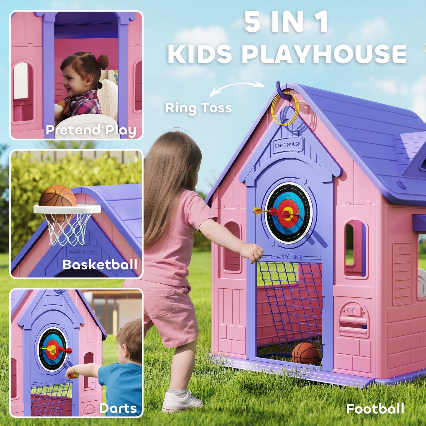 Playhouse for Kids Outdoor Indoor, 5 in 1 Garden House, Pink