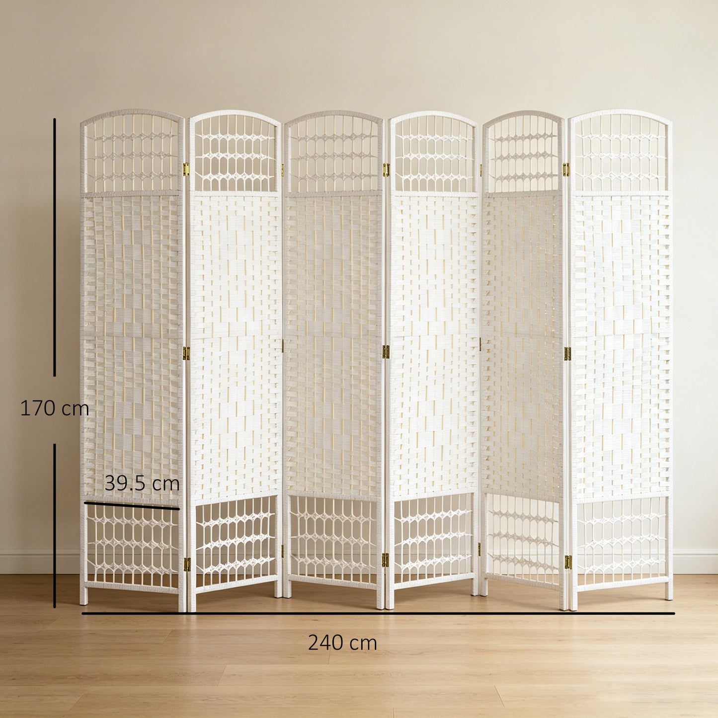 6 Panel Folding Room Divider, Privacy Screen, Freestanding Paravent Partition Separator for Living Room, Bedroom and Office, 240 x 170cm, White