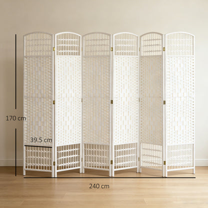 6 Panel Folding Room Divider, Privacy Screen, Freestanding Paravent Partition Separator for Living Room, Bedroom and Office, 240 x 170cm, White