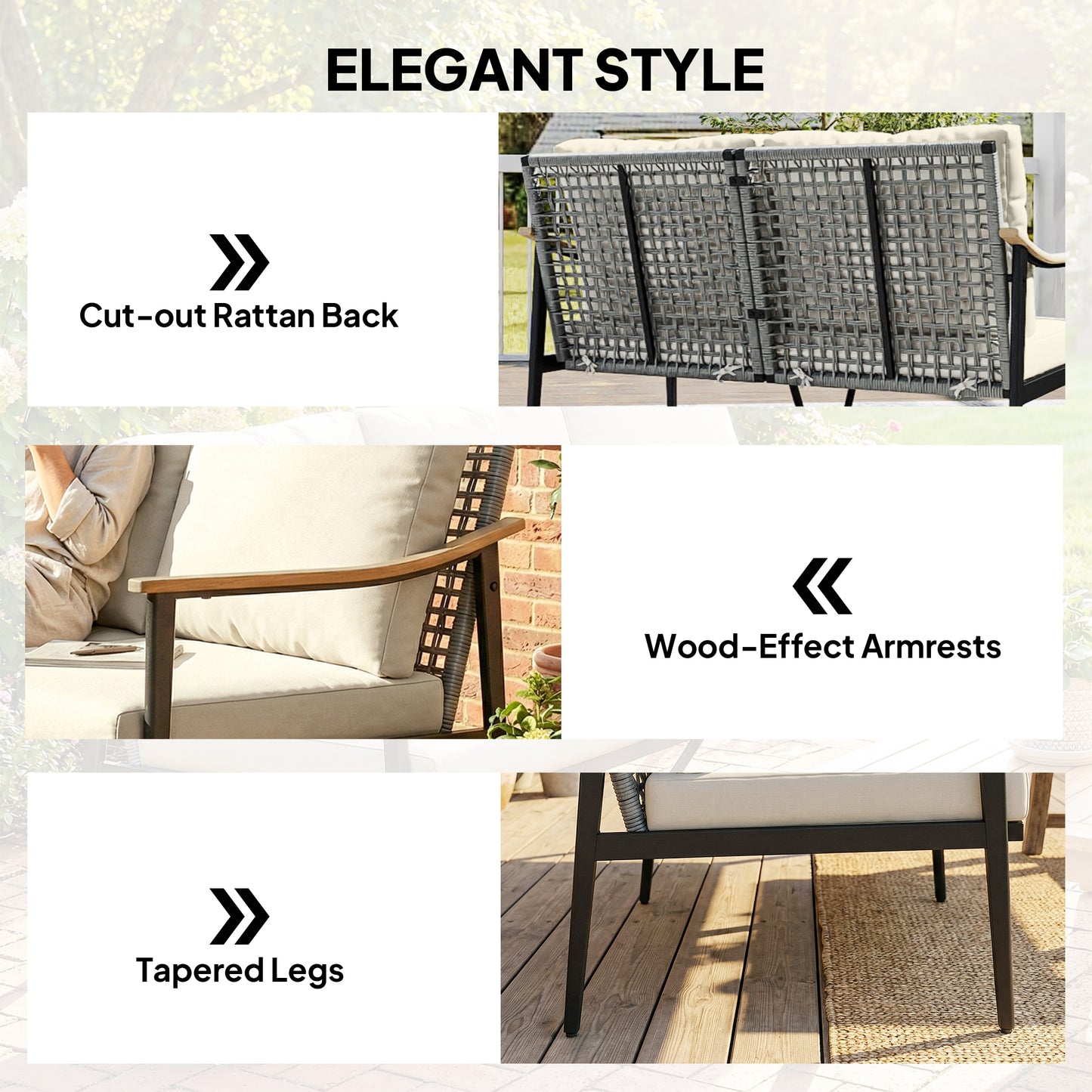 2 Seater Rattan Garden Sofa with Wood-Effect Arms, Cushions, Khaki