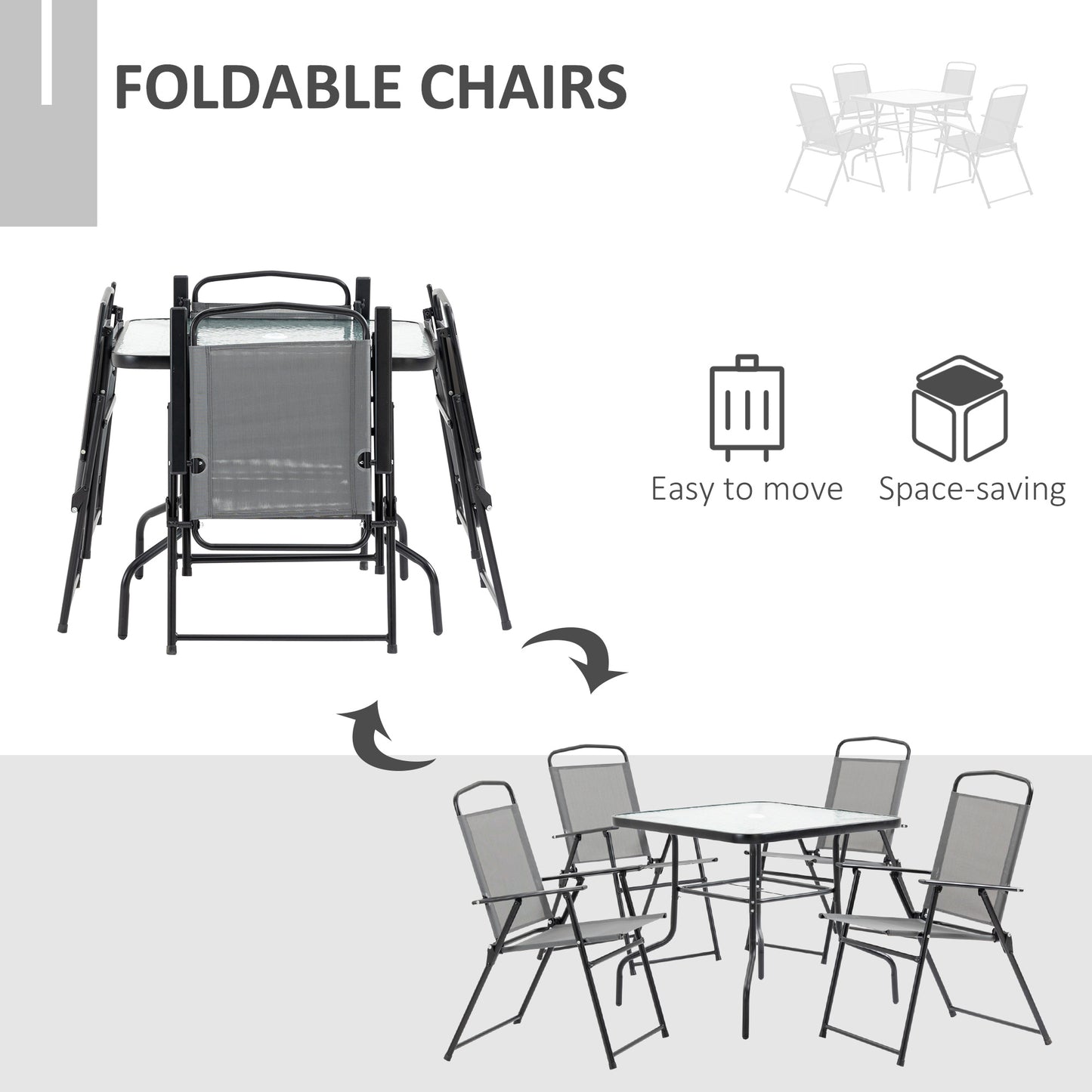 5 Piece Garden Dining Furniture Set w/ 4 Folding Chairs & Parasol Hole