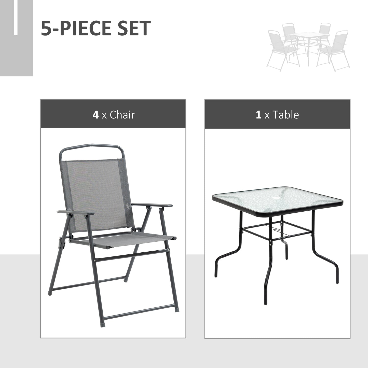 5 Piece Garden Dining Furniture Set w/ 4 Folding Chairs & Parasol Hole