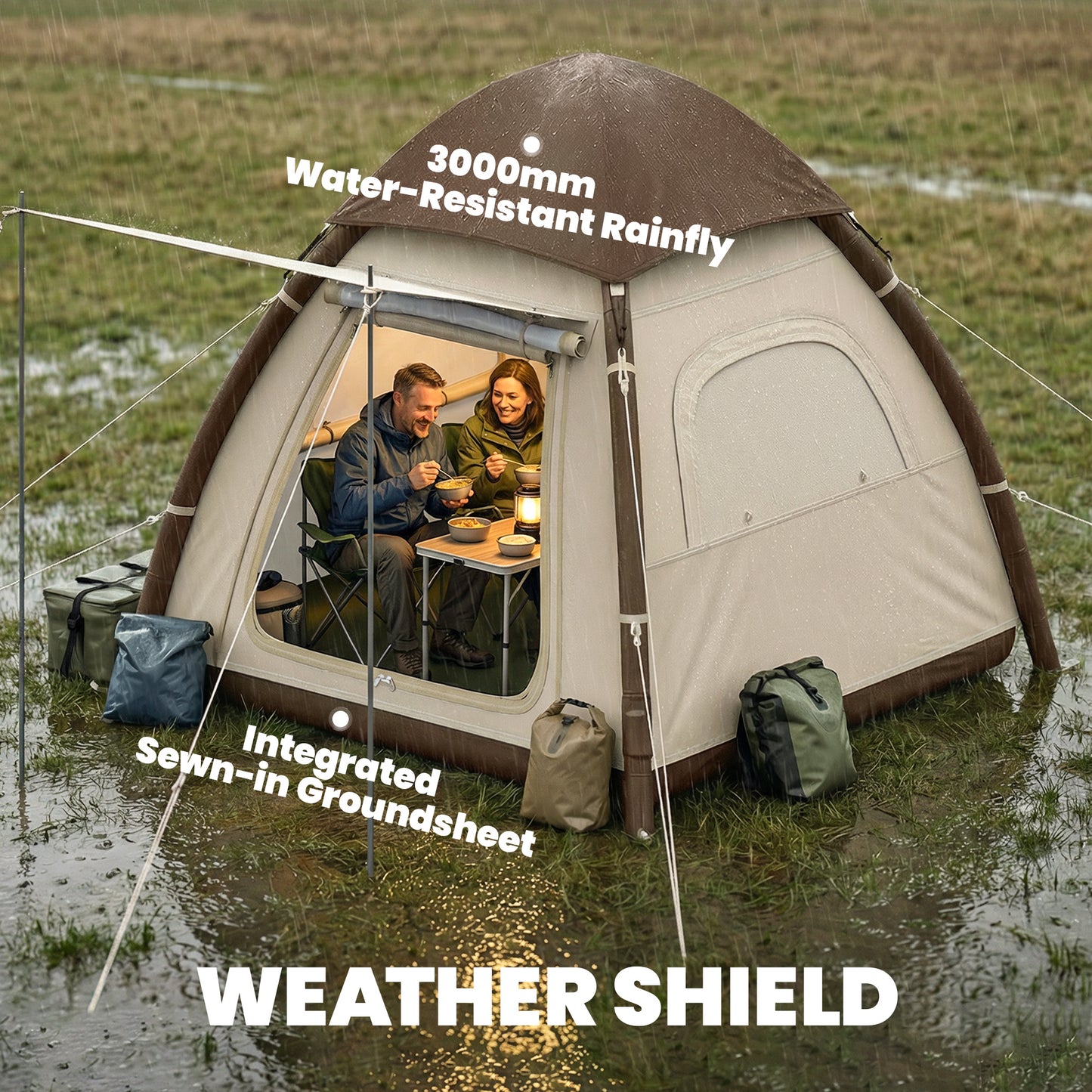 3 Man Inflatable Camping Tent w/ 3000mm Waterproof Rainfly, Cream