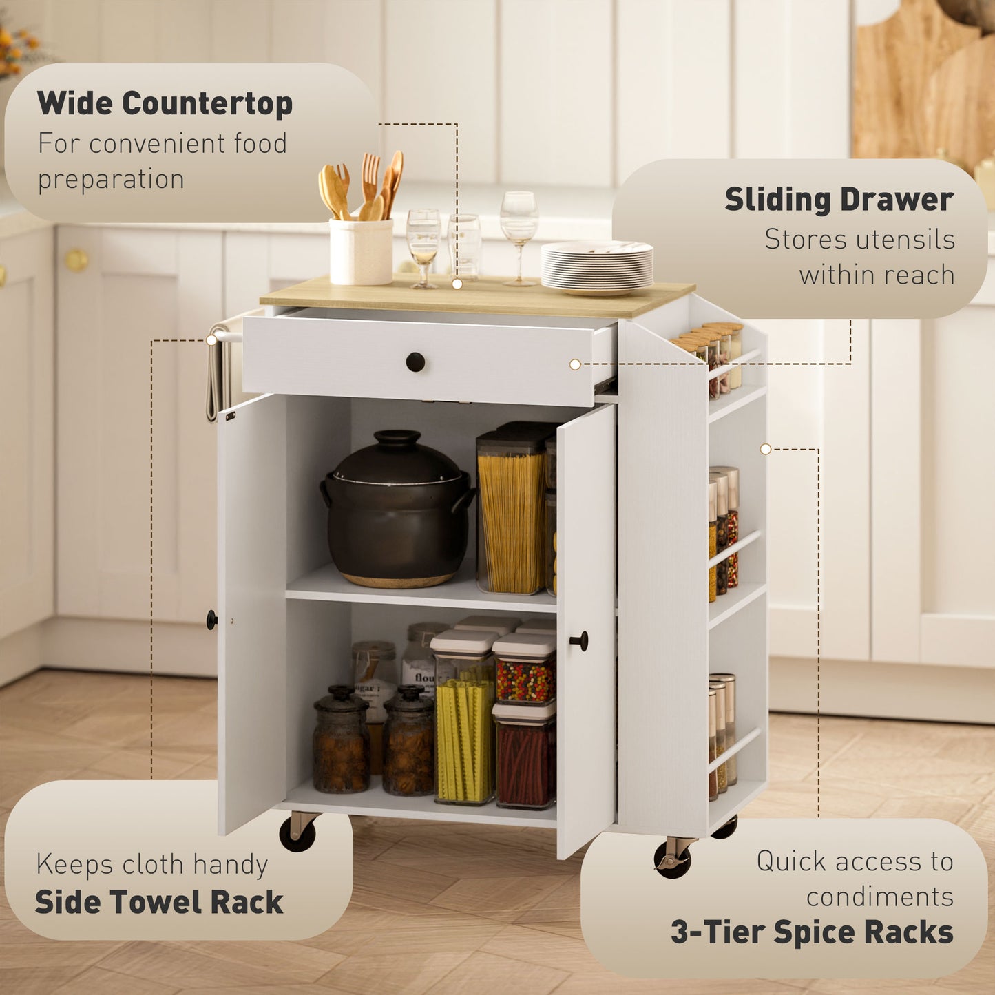 Kitchen Island with 3-Tier Spice Rack, Kitchen Cart with Towel Rack