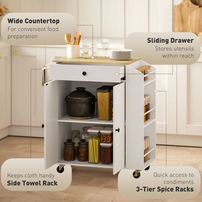 Kitchen Island with 3-Tier Spice Rack, Kitchen Cart with Towel Rack