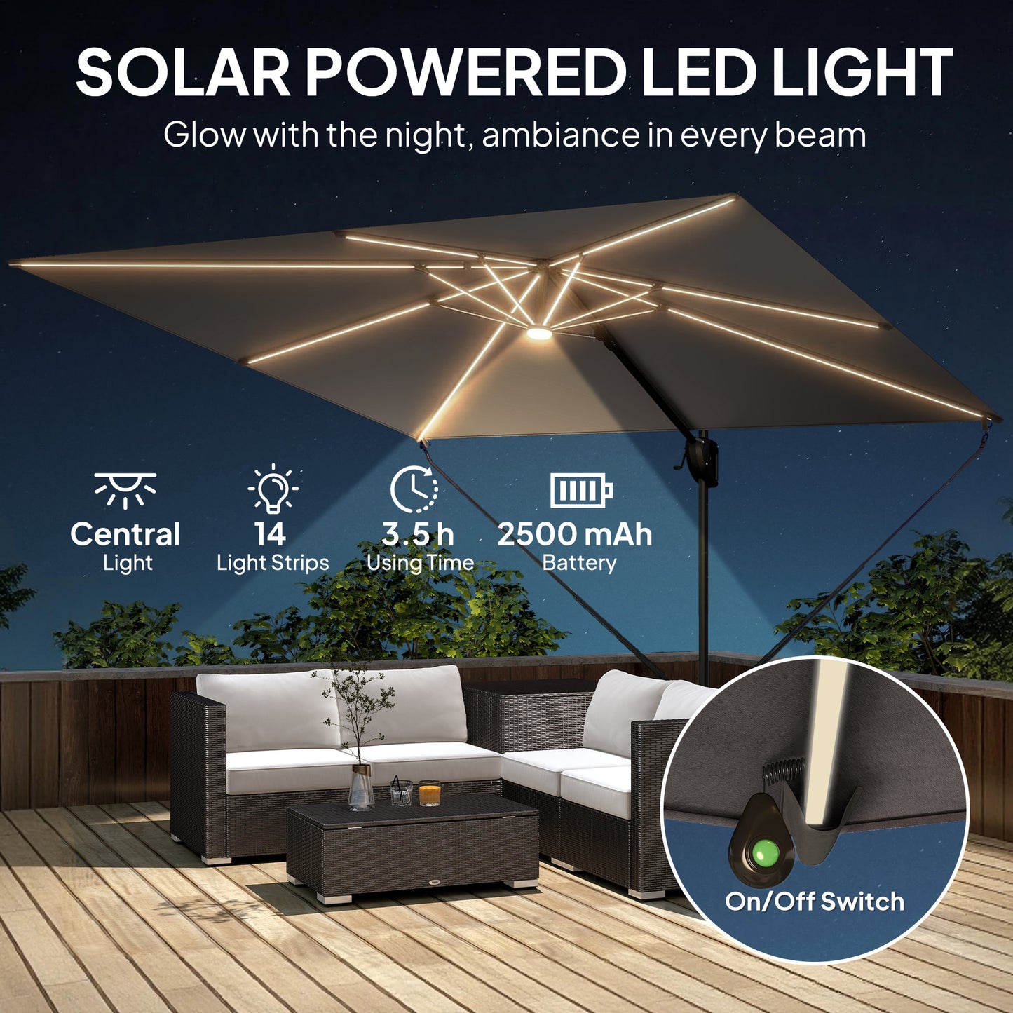 3 x 3 m Garden Cantilever Parasol w/ Light, Cover, Wind Protection