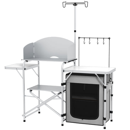 Camping Kitchen w/ Storage Cupboard, Folding Camping Table, Aluminium Picnic Table w/ Windshield, Stand, Carrying Bag