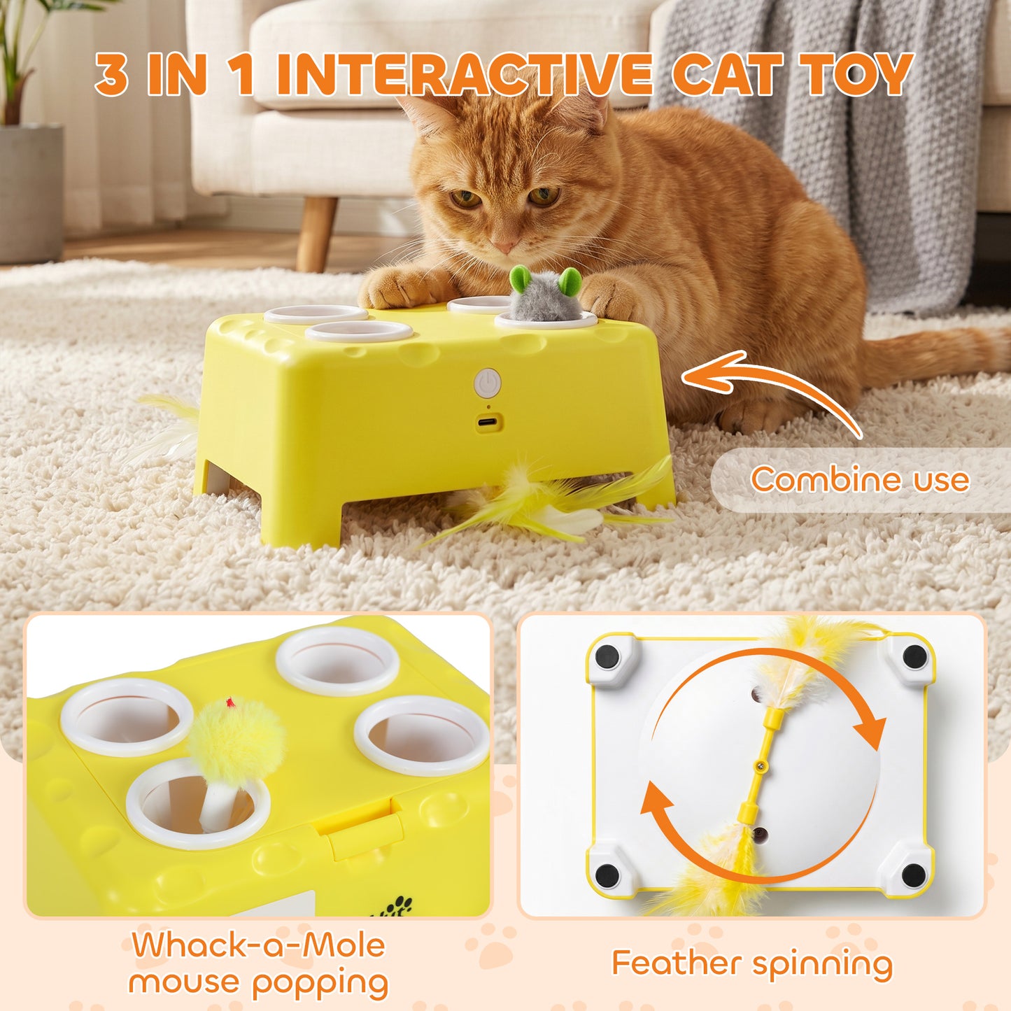 Interactive Cat Toys for Indoor Kittens & Adult Cats, Rechargeable Automatic Mouse & Feather Teaser Toy, 3 in 1 Play Modes with Smart Rest, Type-C Charging