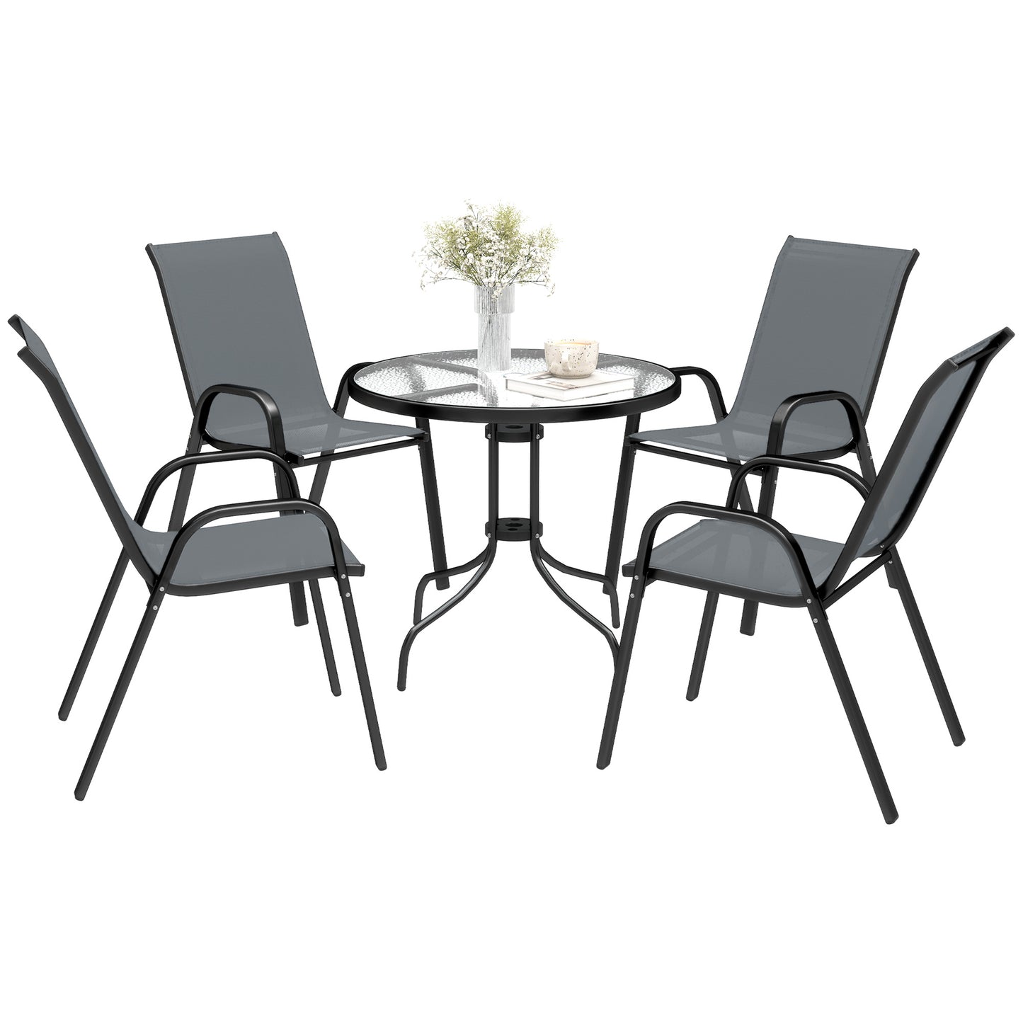5 PCs Garden Furniture Set, Round Table and Stackable Chairs, Grey