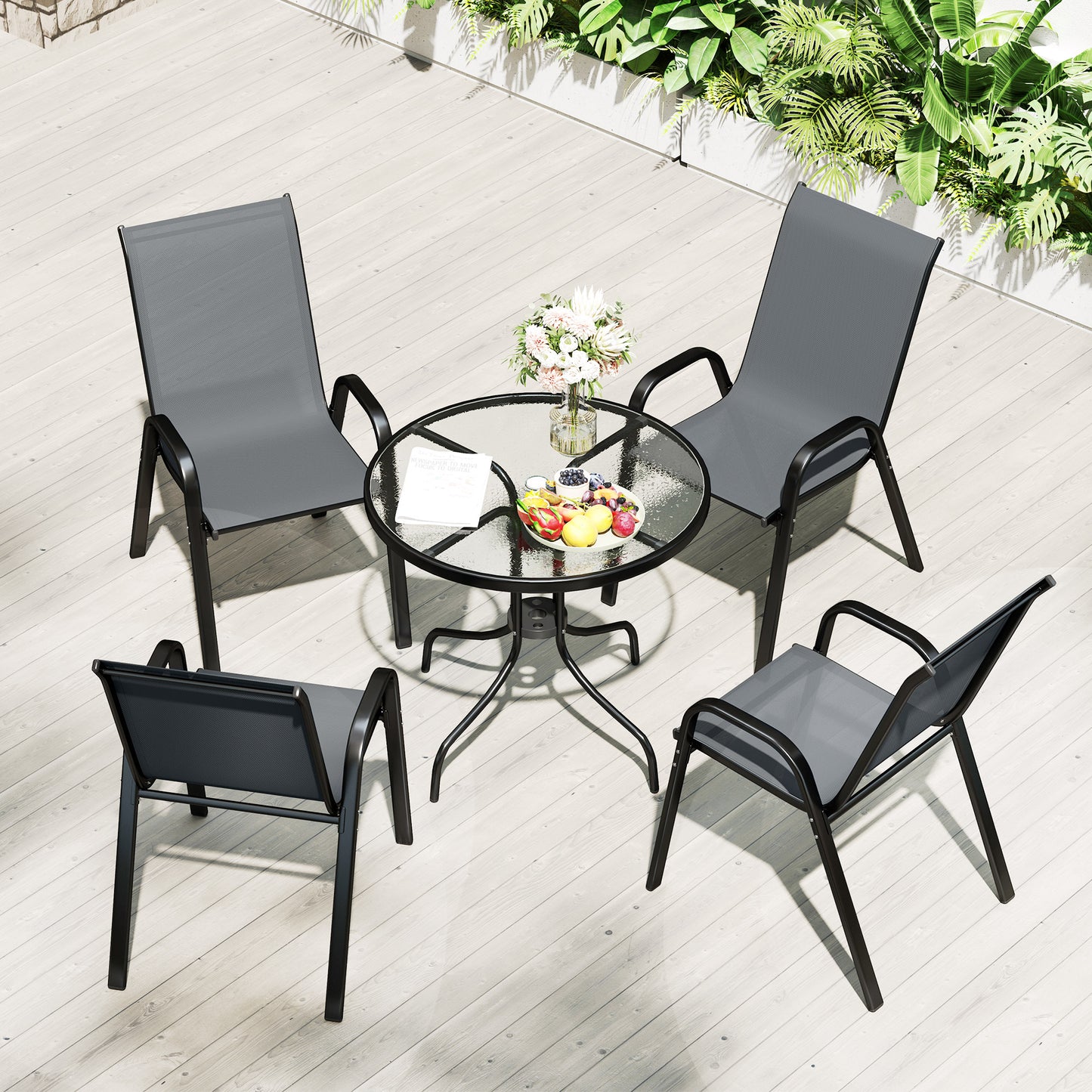 5 PCs Garden Furniture Set, Round Table and Stackable Chairs, Grey