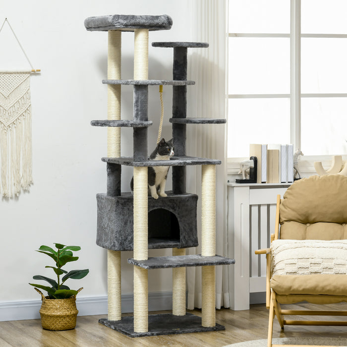 184cm Cat Tree for Indoor Cats, Multi-level Kitten Climbing Tower with Scratching Posts, Cat Bed, Condo, Perches, Hanging Play Rope, Grey