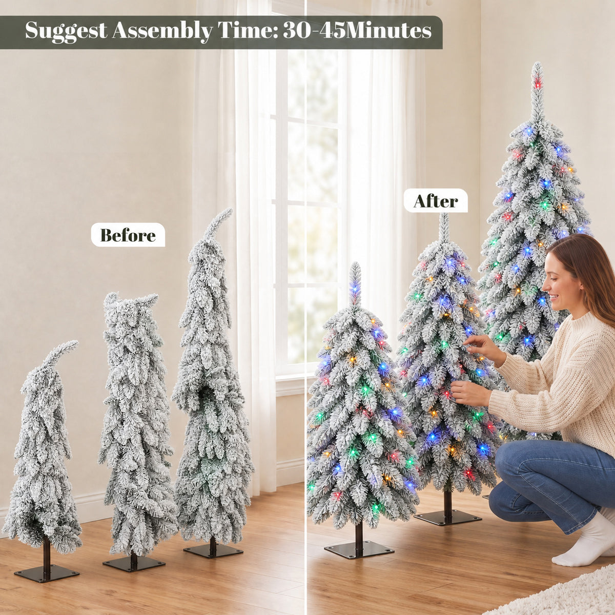 Artificial Christmas Tree Set of 3, PVC Branch Tips, Green White