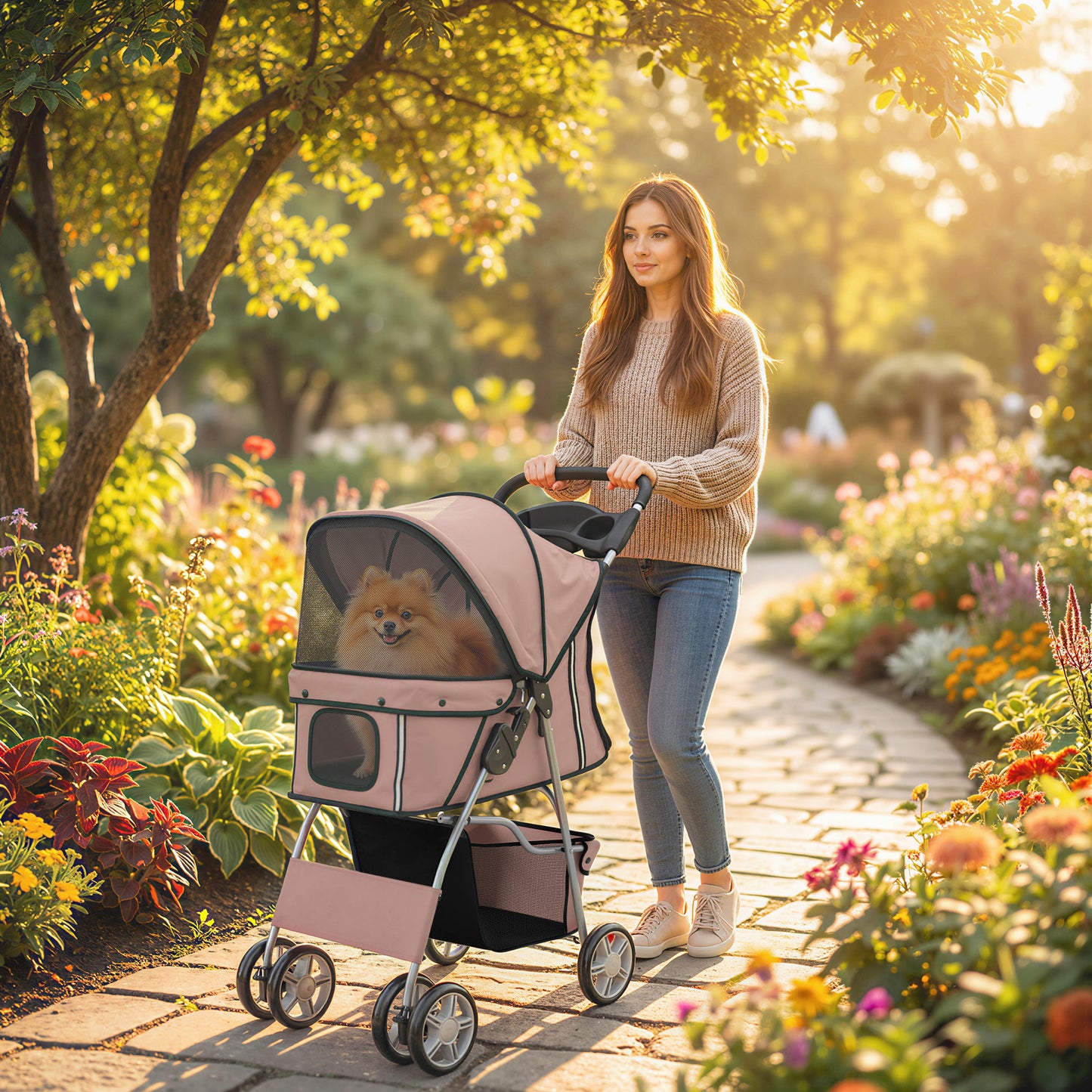 Pet Stroller Carrier Foldable Deluxe Walk Travel Dog, Brown