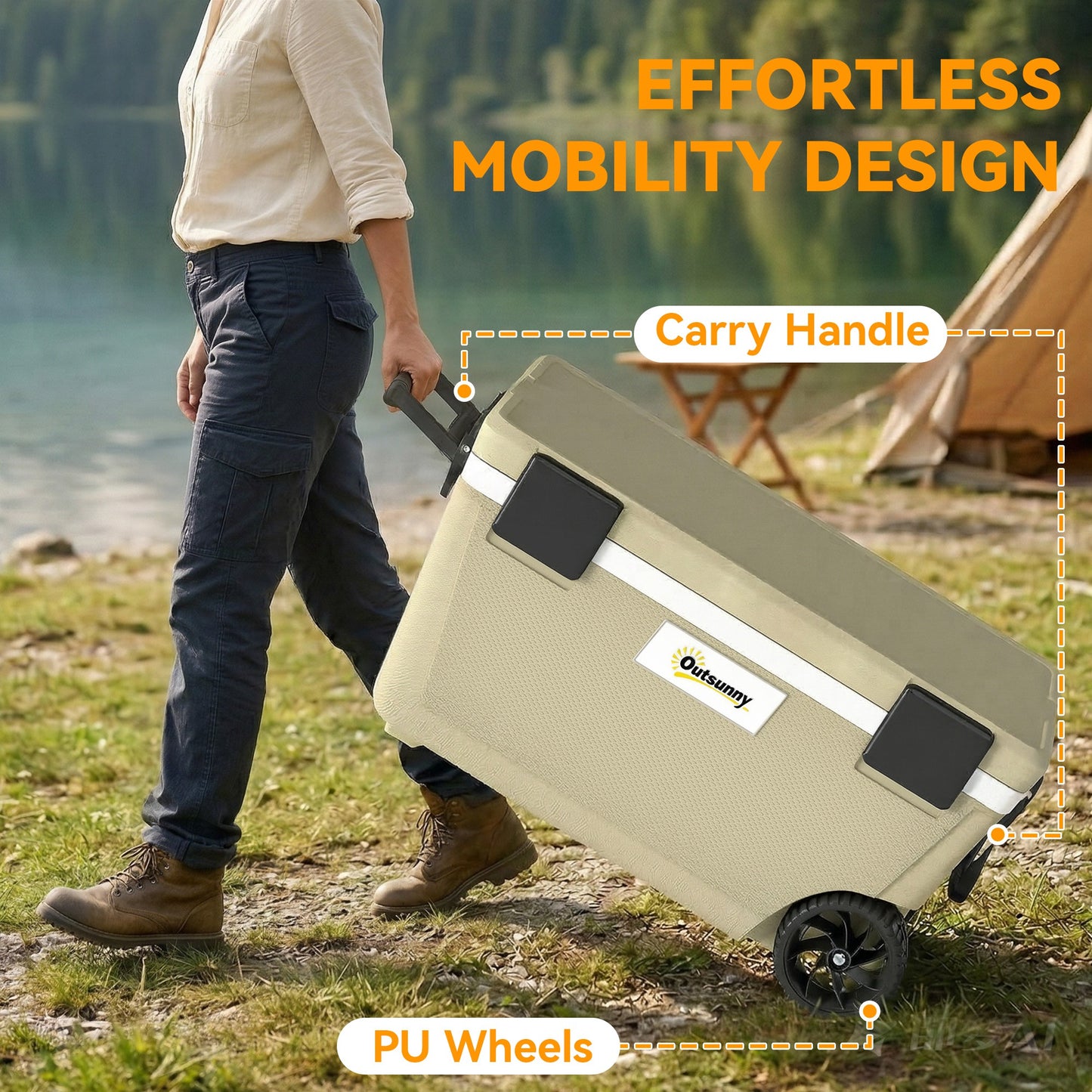 70L Insulated Cool Box with Wheels, Portable Ice Cooler, Khaki