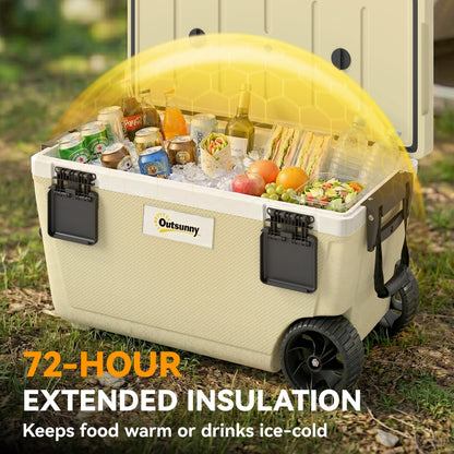 70L Insulated Cool Box with Wheels, Portable Ice Cooler, Khaki