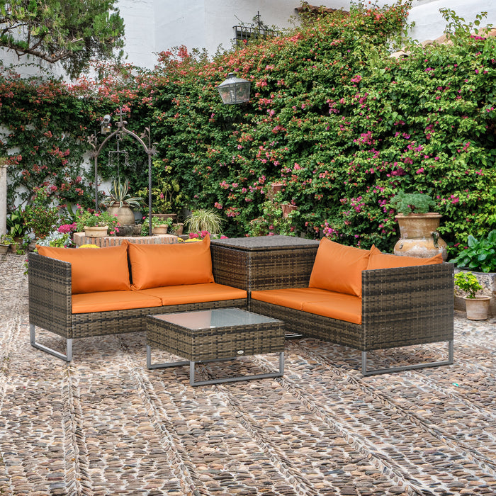 4 PCs Garden Rattan Wicker Outdoor Furniture Patio Corner Sofa Love Seat and Table Set with Cushions Side Desk Storage - Orange