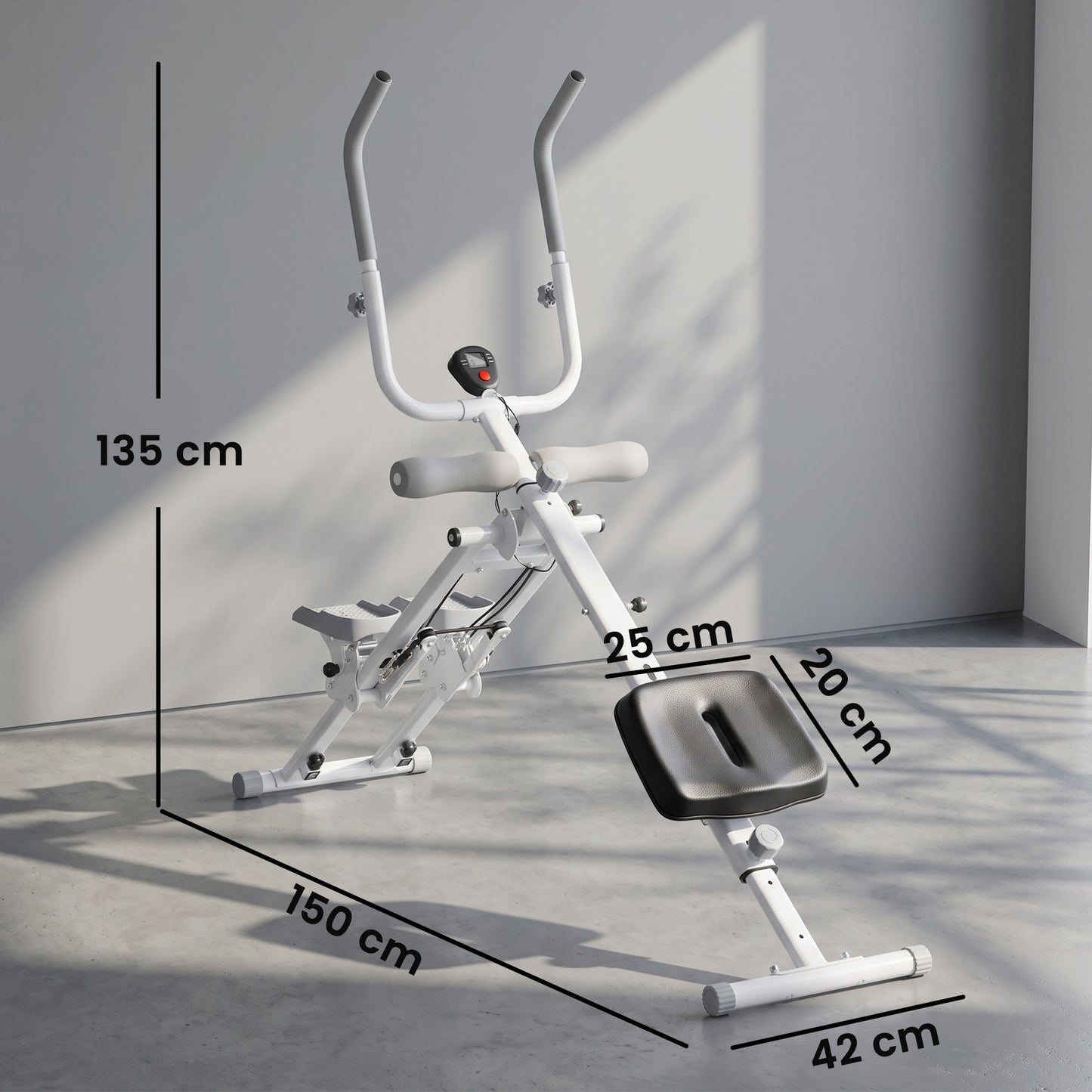 2-in-1 Ab Machine and Stair Stepper, Foldable Ab Trainer and Climbing Machine with LCD Monitor, Height Adjustable Abdominal Cruncher for Home Gym Core Strength Training, White