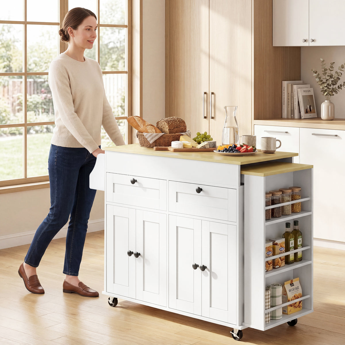 Extendable Kitchen Island with Storage, Wheels and USB Charging - White & Oak Effect