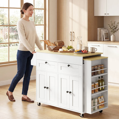 Extendable Kitchen Island with Storage, Wheels and USB Charging - White & Oak Effect