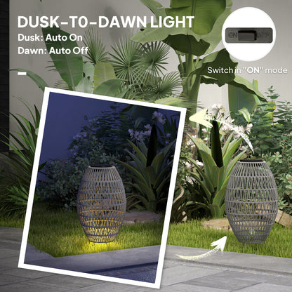 Rattan Solar Lamp, Auto On/Off Garden Lantern, Grey