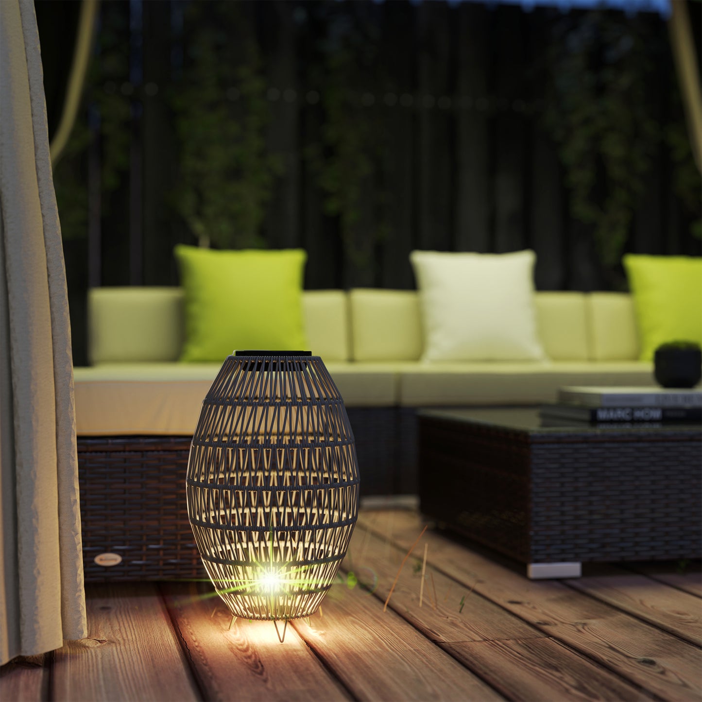Rattan Solar Lamp, Auto On/Off Garden Lantern, Grey