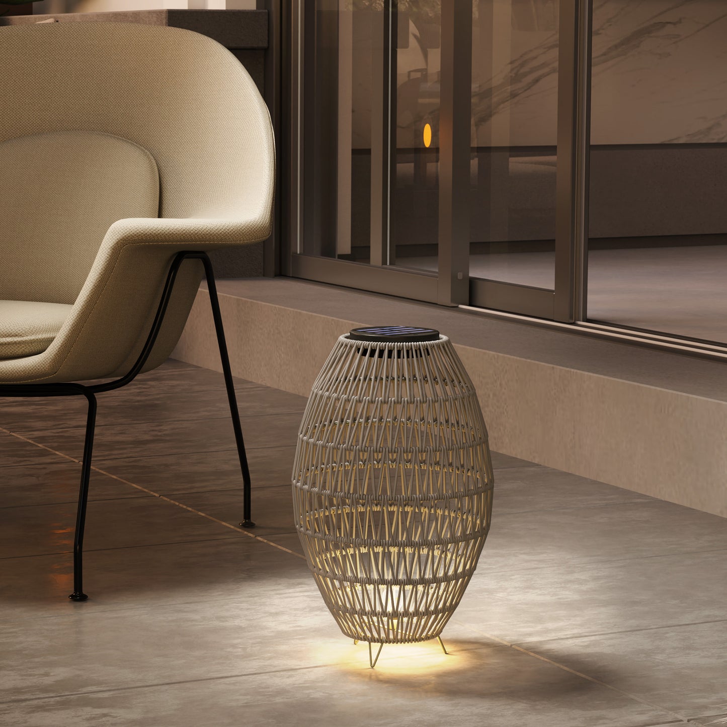 Rattan Solar Lamp, Auto On/Off Garden Lantern, Grey