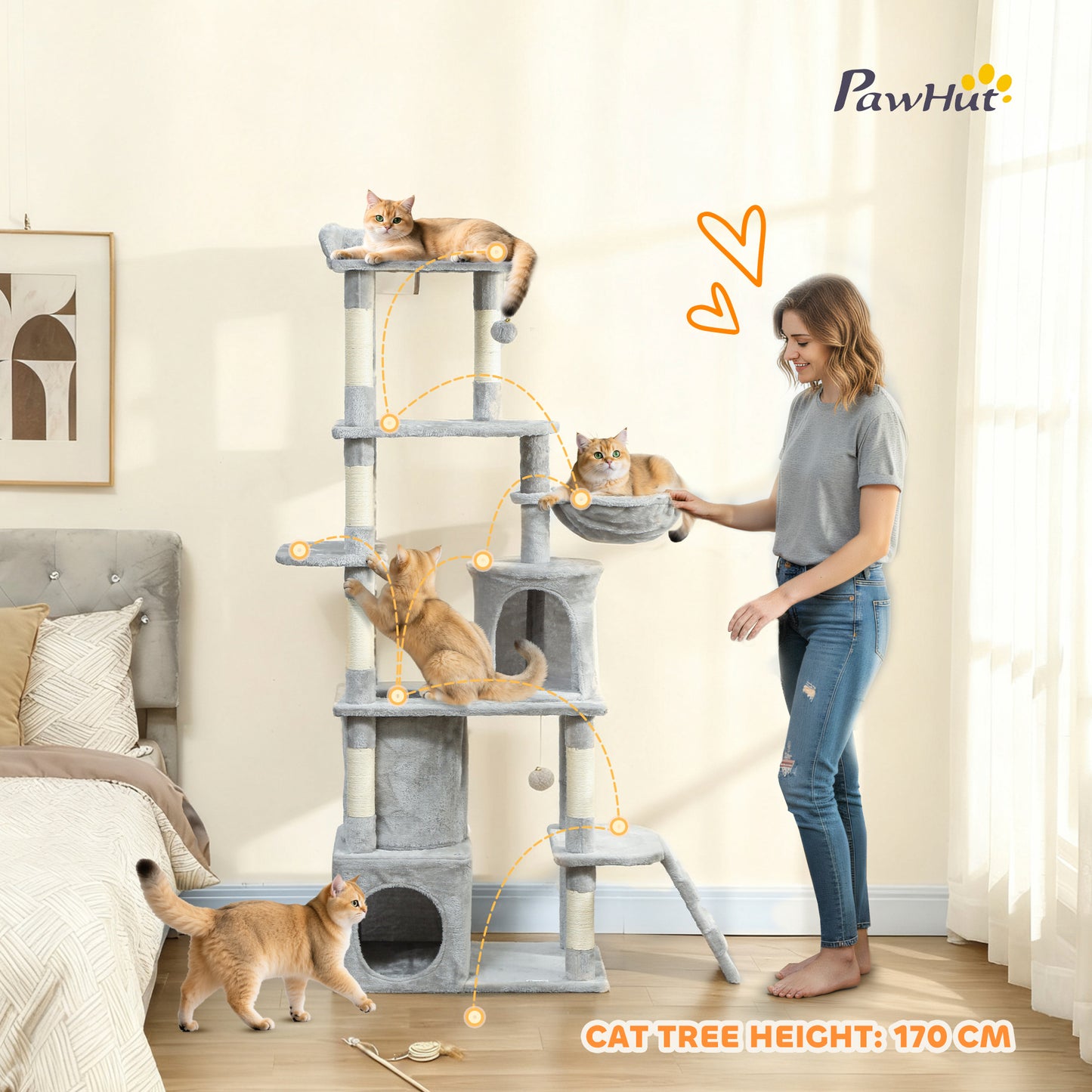 170 cm Cat Tree, Large Cat Tower with 7 Scratching Posts, Light Grey
