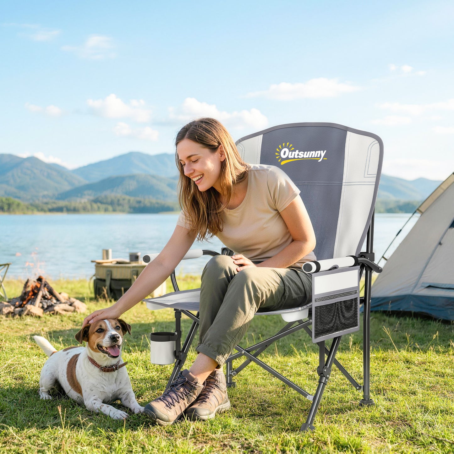 Camping Chair Padded with Side Pocket Light Grey