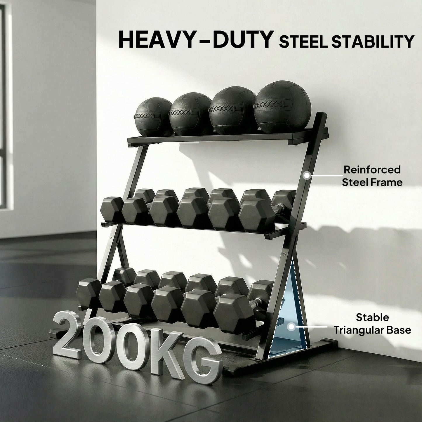 Dumbbell Rack 3-Tier Weight Organiser for Home Gym 200 KG Capacity