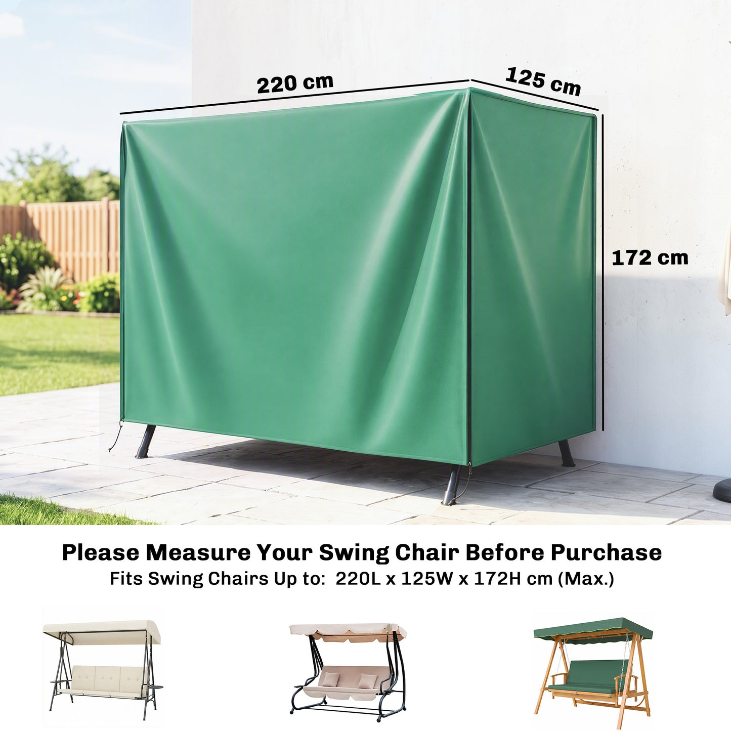 3 Seater Garden Swing Cover, Waterproof 420D Outdoor Swing Bench Cover with Zip, Windproof and Anti-UV, 220 x 125 x 172cm, Green