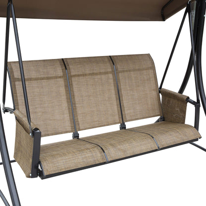 3 Person Outdoor Patio Porch Swing Chair with High Back Design, Side Pouches and Adjustable Canopy, Brown