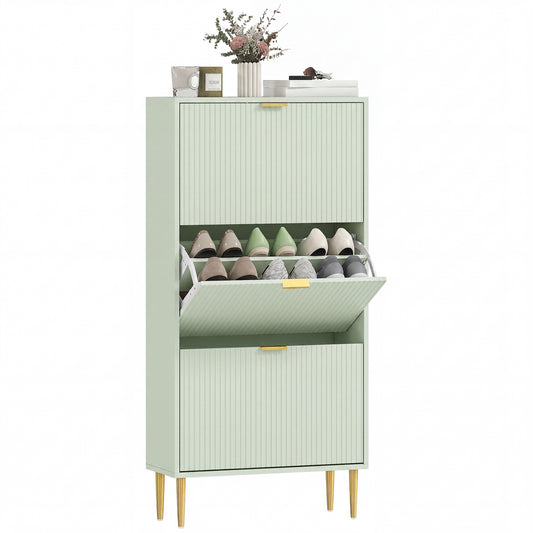 Narrow Shoe Cabinet with 3 Flip Drawers, Modern Slim Shoe Storage Cabinet with Fluted Doors and Adjustable Shelves for Hallway, Holds 9-18 Pairs, Light Green