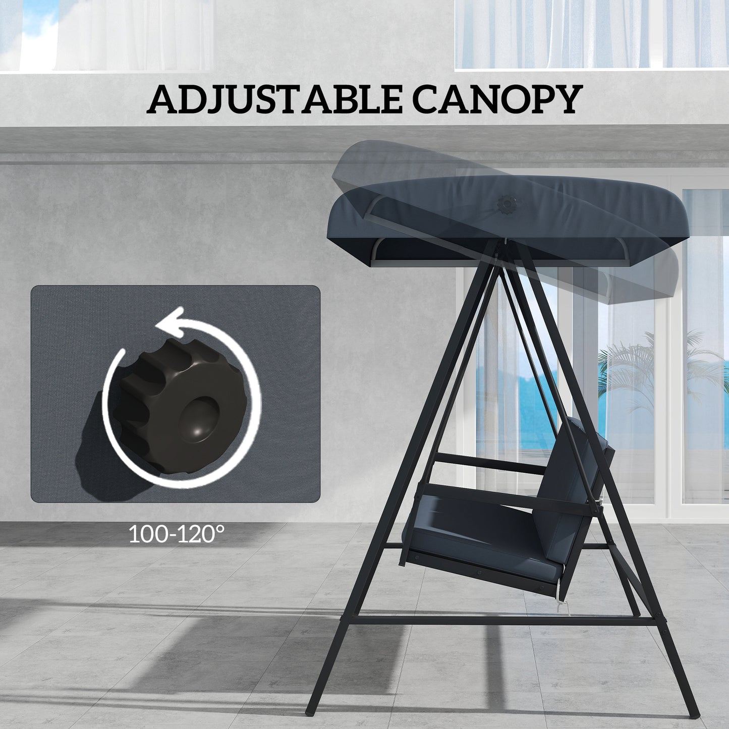 3 Seater Garden Swing Chair with Adjustable Canopy, Dark Grey