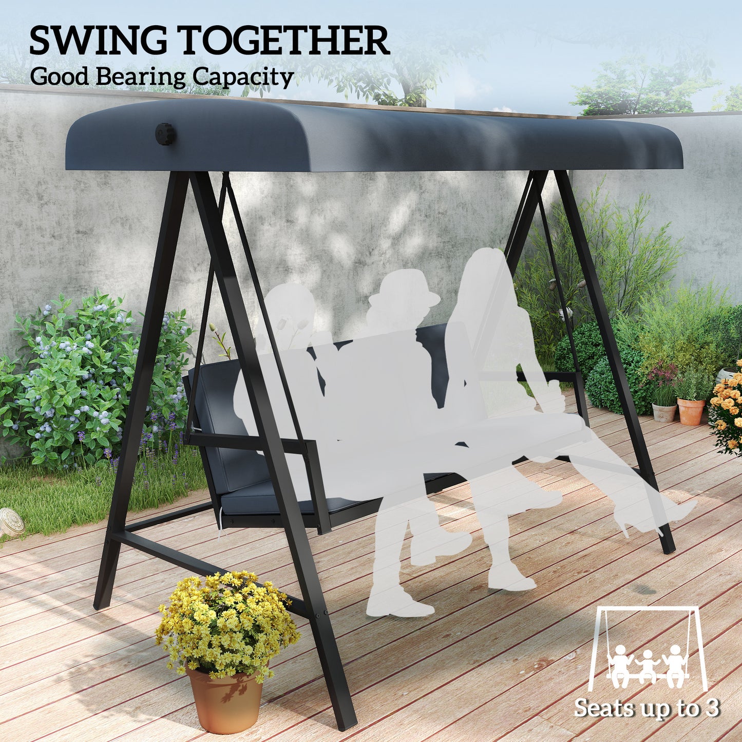 3 Seater Garden Swing Chair with Adjustable Canopy, Dark Grey