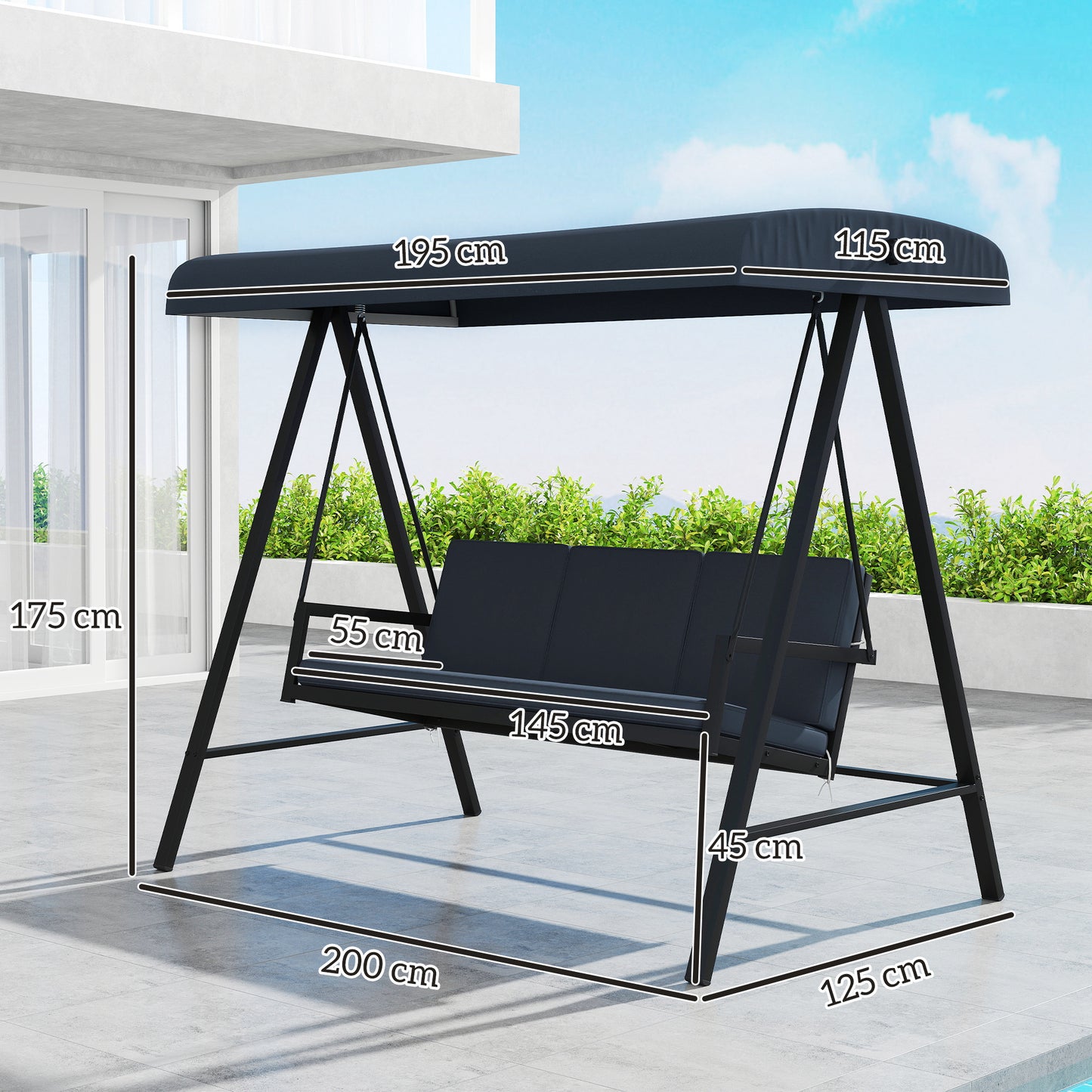 3 Seater Garden Swing Chair with Adjustable Canopy, Dark Grey