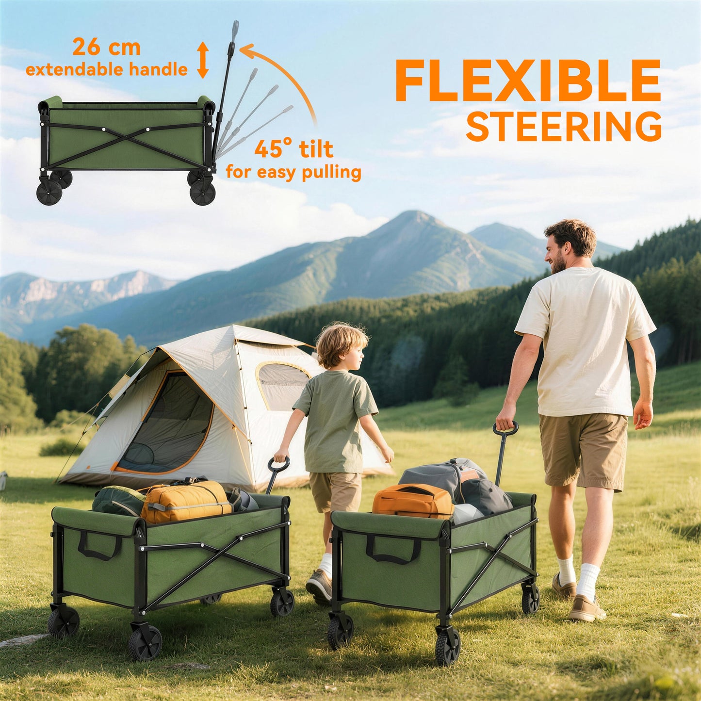 81L Festival Trolley on Wheels, Garden Folding Trolley Cart, Green