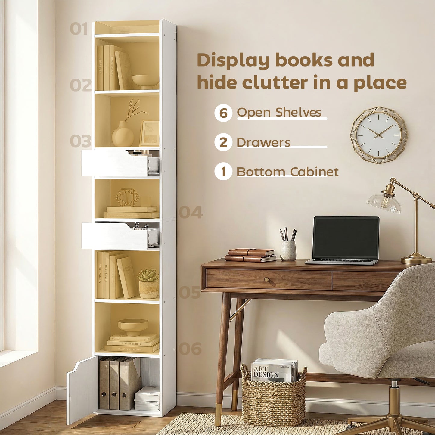 Bookcase with Drawers and Cabinet, 5-Tier Bookshelf, Narrow Tall Storage Cabinet with Anti-Tip for Living Room, Study, Home Office, White Wood Effect