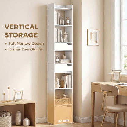 Bookcase with Drawers and Cabinet, 5-Tier Bookshelf, Narrow Tall Storage Cabinet with Anti-Tip for Living Room, Study, Home Office, White Wood Effect